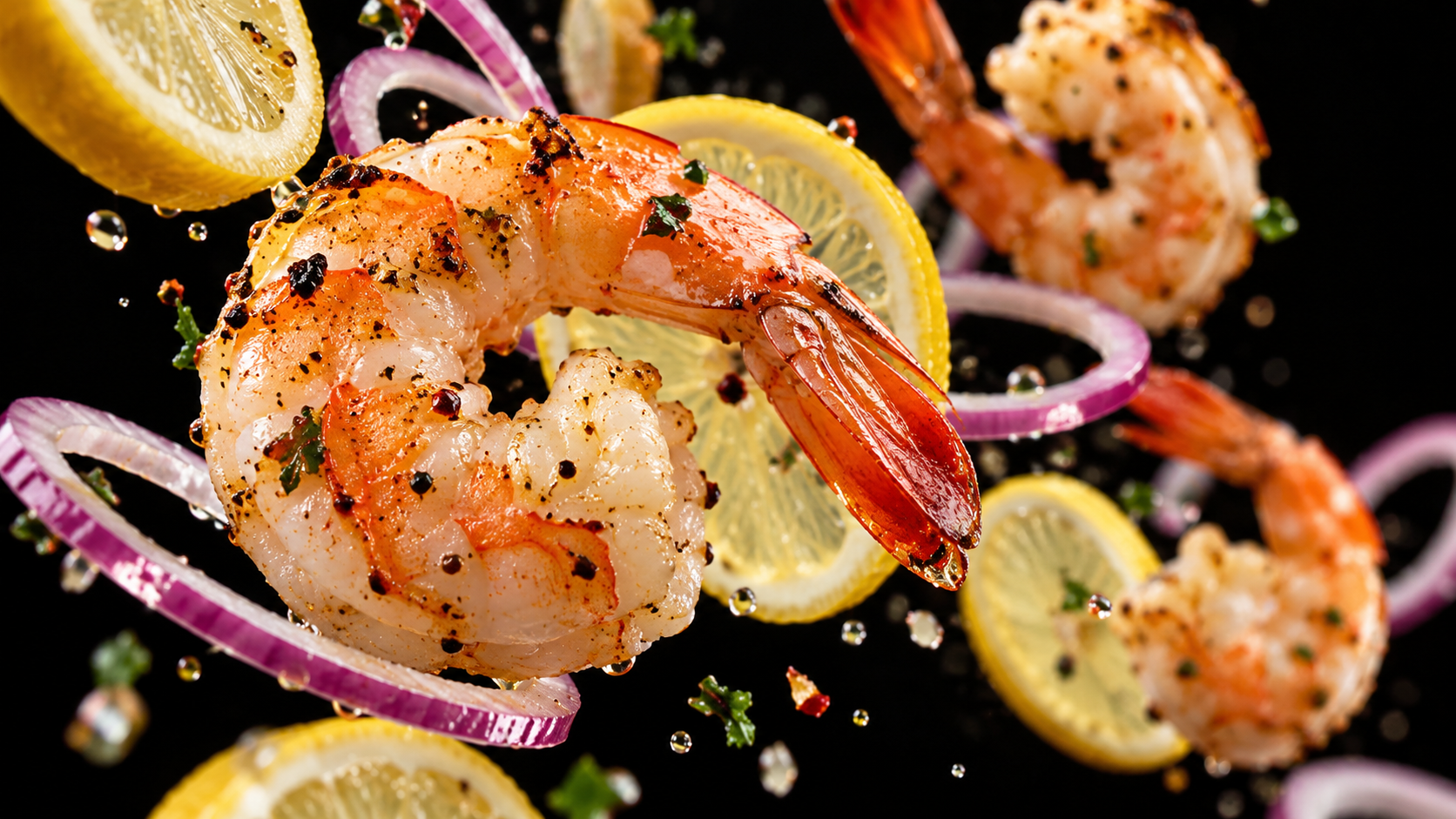 Seasoned cooked shrimp with lemon slices, red onion rings, herbs, and spices on a black background