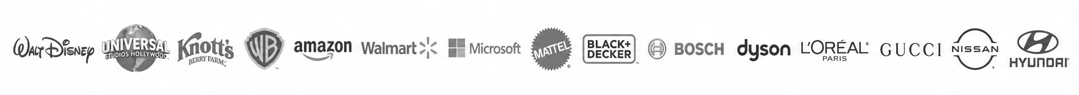 Row of company logos including Walt Disney, Universal Studios Hollywood, Knott’s Berry Farm, Warner Bros., Amazon, Walmart, Microsoft, Mattel, Black+Decker, Bosch, Dyson, L’Oréal Paris, Gucci, Nissan, and Hyundai