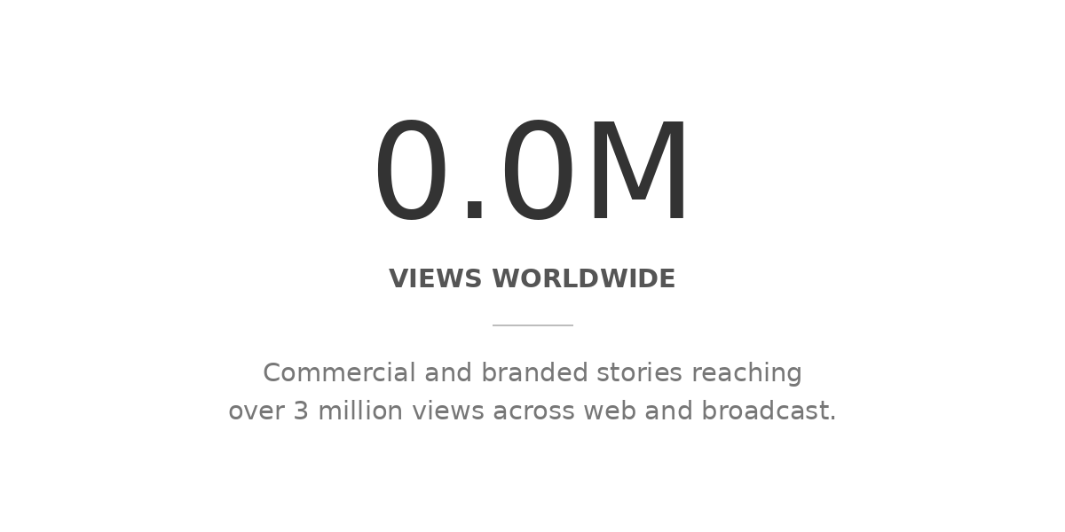 Infographic stating 0.0M views worldwide and commercial and branded stories reaching over 3 million views across web and broadcast.
