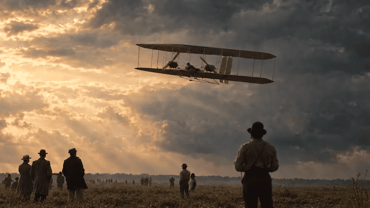 Vintage biplane flying over a field as people watch beneath a dramatic sunset sky