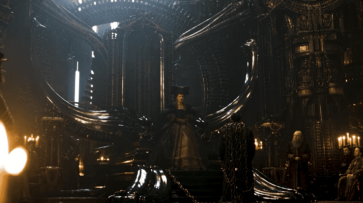 Dark gothic throne room with a seated figure, towering metallic arches, ornate columns, candles, and robed figures.