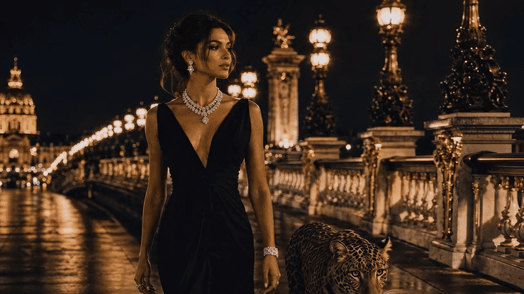 Woman in a black evening gown walking with a leopard on a Paris bridge at night