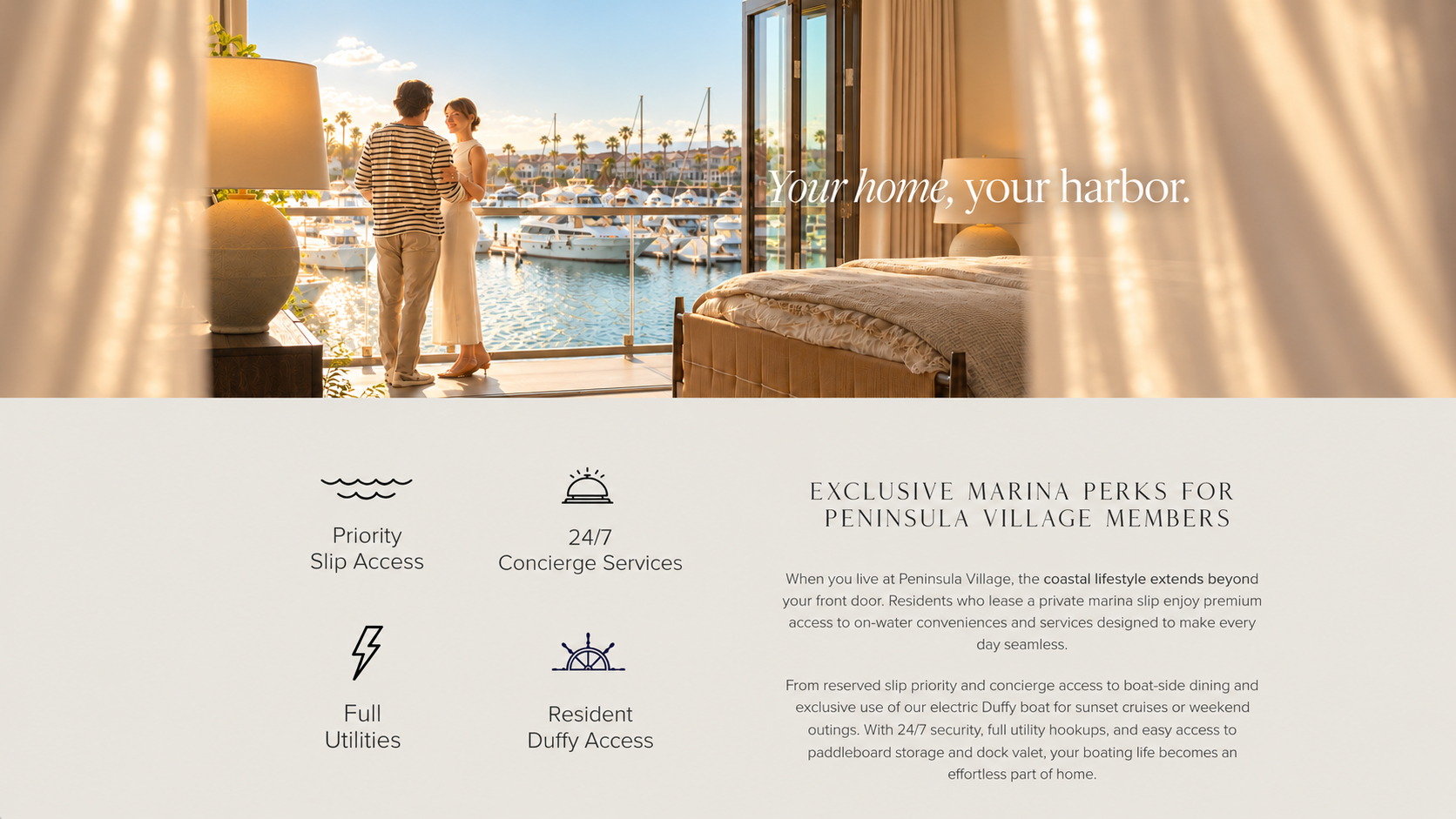 Luxury waterfront bedroom overlooking a marina with a couple by the window and text promoting Peninsula Village marina perks.