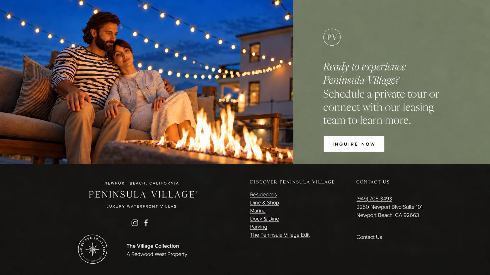 Peninsula Village Newport Beach luxury waterfront villas advertisement showing a couple relaxing beside a fire pit under string lights, with private tour and leasing information.
