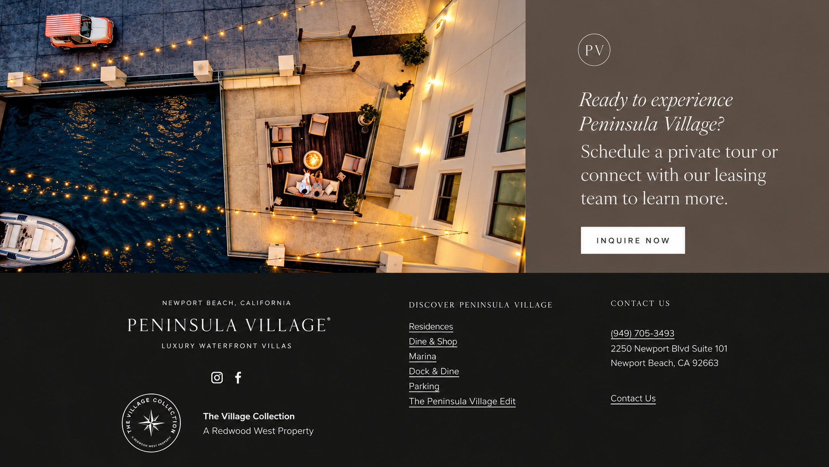 Peninsula Village luxury waterfront villas in Newport Beach, California, with an aerial marina patio scene and private tour inquiry information