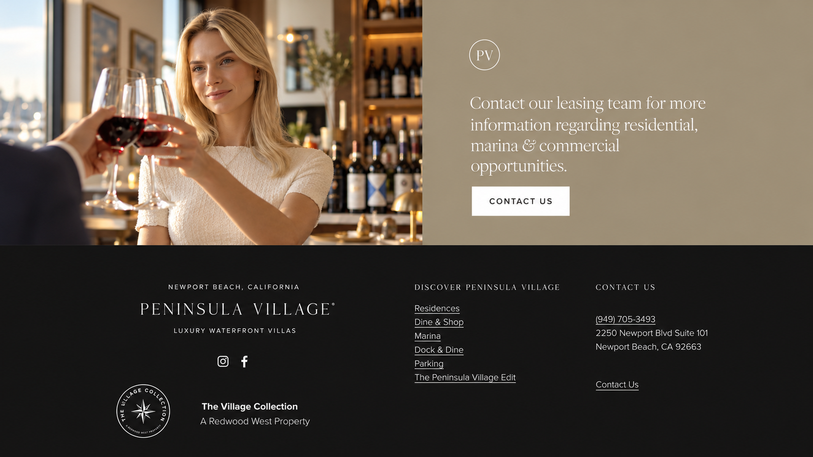 Peninsula Village Newport Beach leasing webpage featuring a woman clinking red wine glasses in a waterfront restaurant, with contact information and luxury waterfront villa navigation.