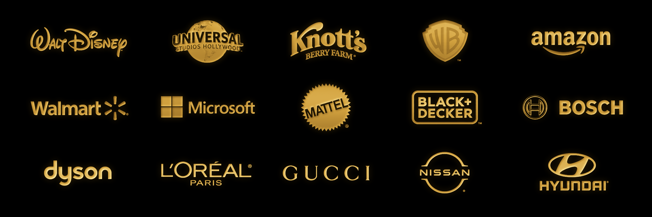 Gold logos for Disney, Universal Studios Hollywood, Knott’s Berry Farm, Warner Bros., Amazon, Walmart, Microsoft, Mattel, Black+Decker, Bosch, Dyson, L’Oréal Paris, Gucci, Nissan, and Hyundai on a black background