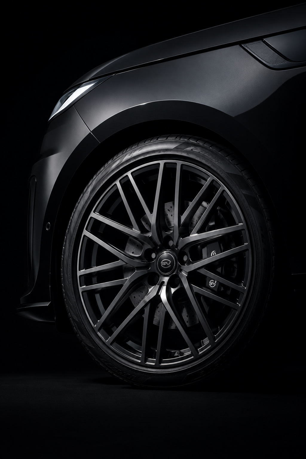 Close-up of a black sports car’s multi-spoke alloy wheel, tire, and sculpted front fender.