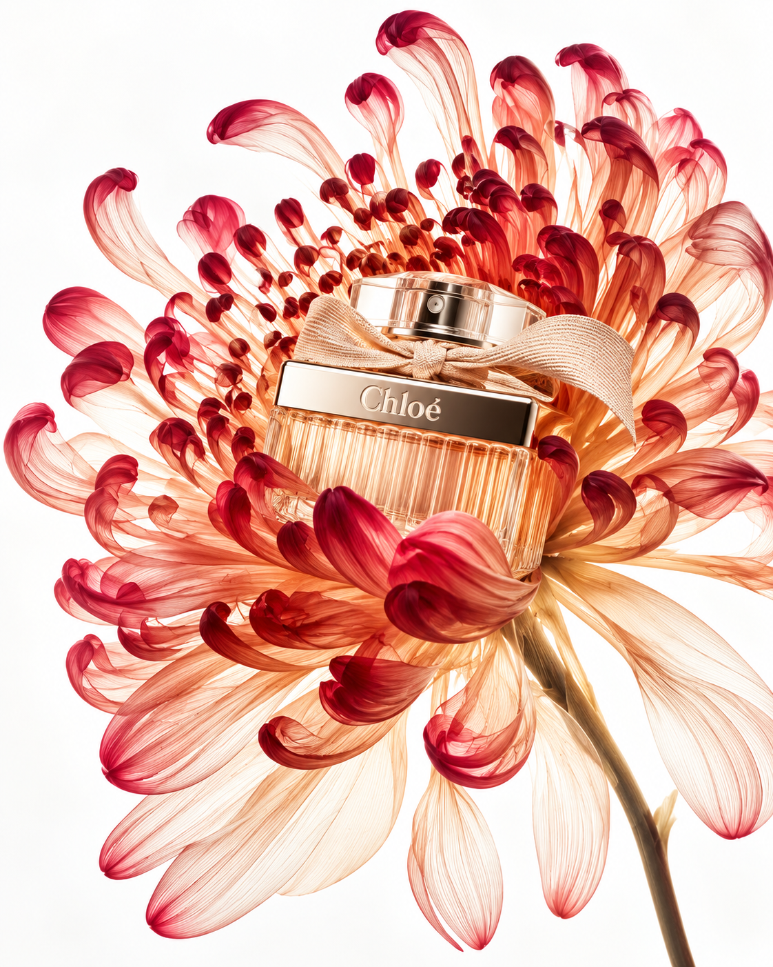 Chloé perfume bottle with a beige ribbon surrounded by red and peach flower petals