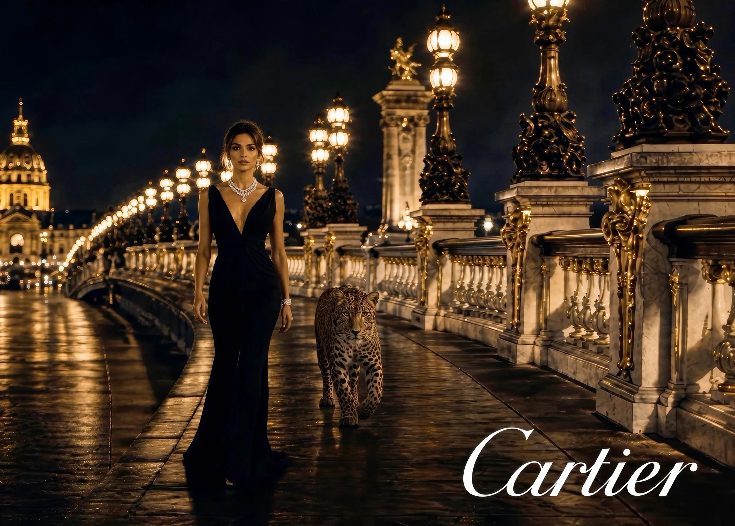 A woman in an elegant black evening gown walking beside a leopard on a bridge at night, illuminated by ornate street lamps, with grand buildings in the background.