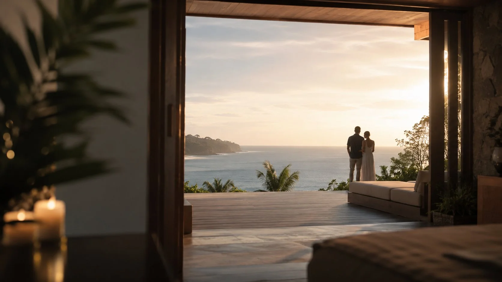 Couple overlooking the ocean at sunset from a tropical villa terrace