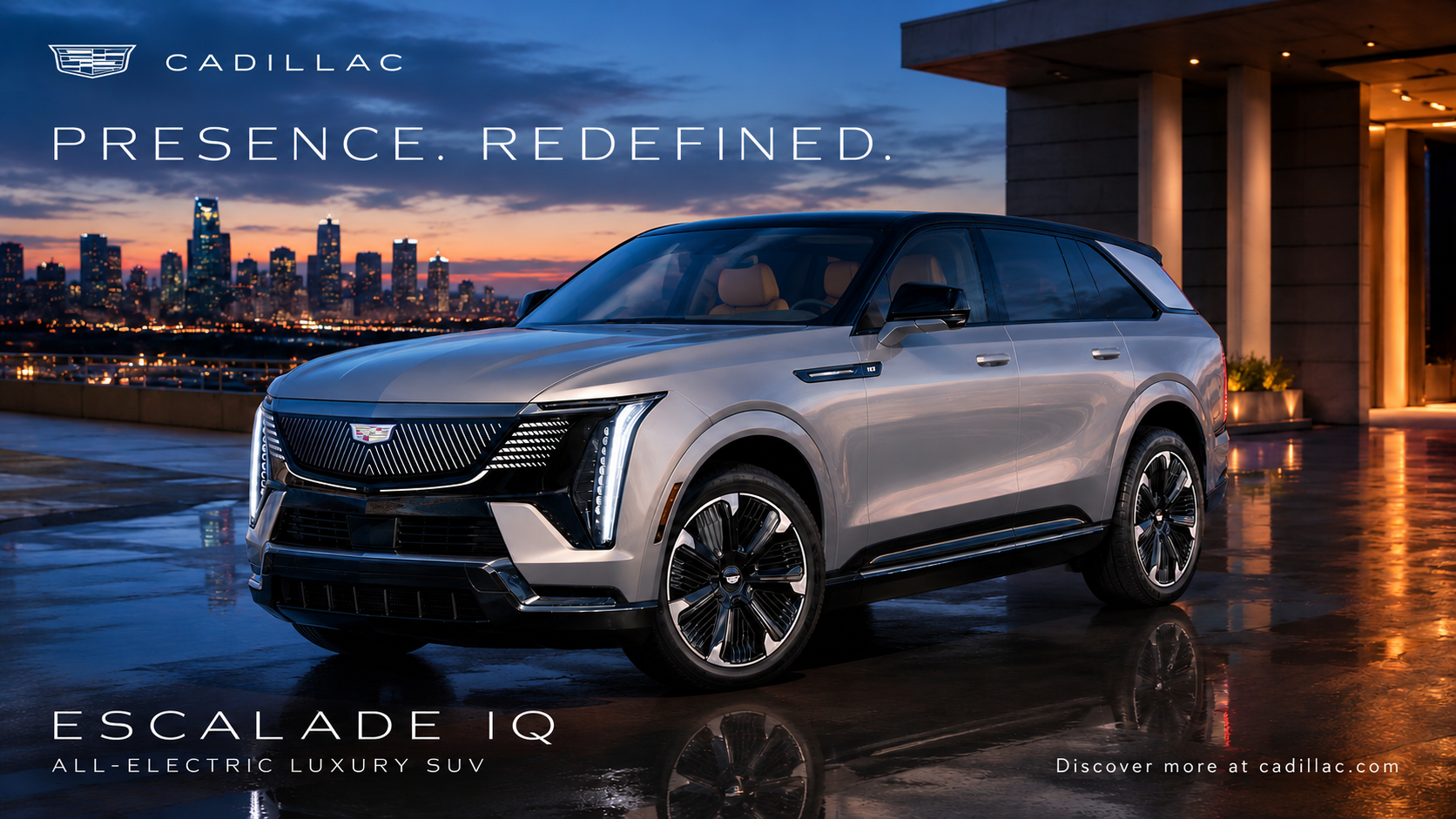 Cadillac Escalade IQ all-electric luxury SUV parked on a rooftop at sunset with a city skyline
