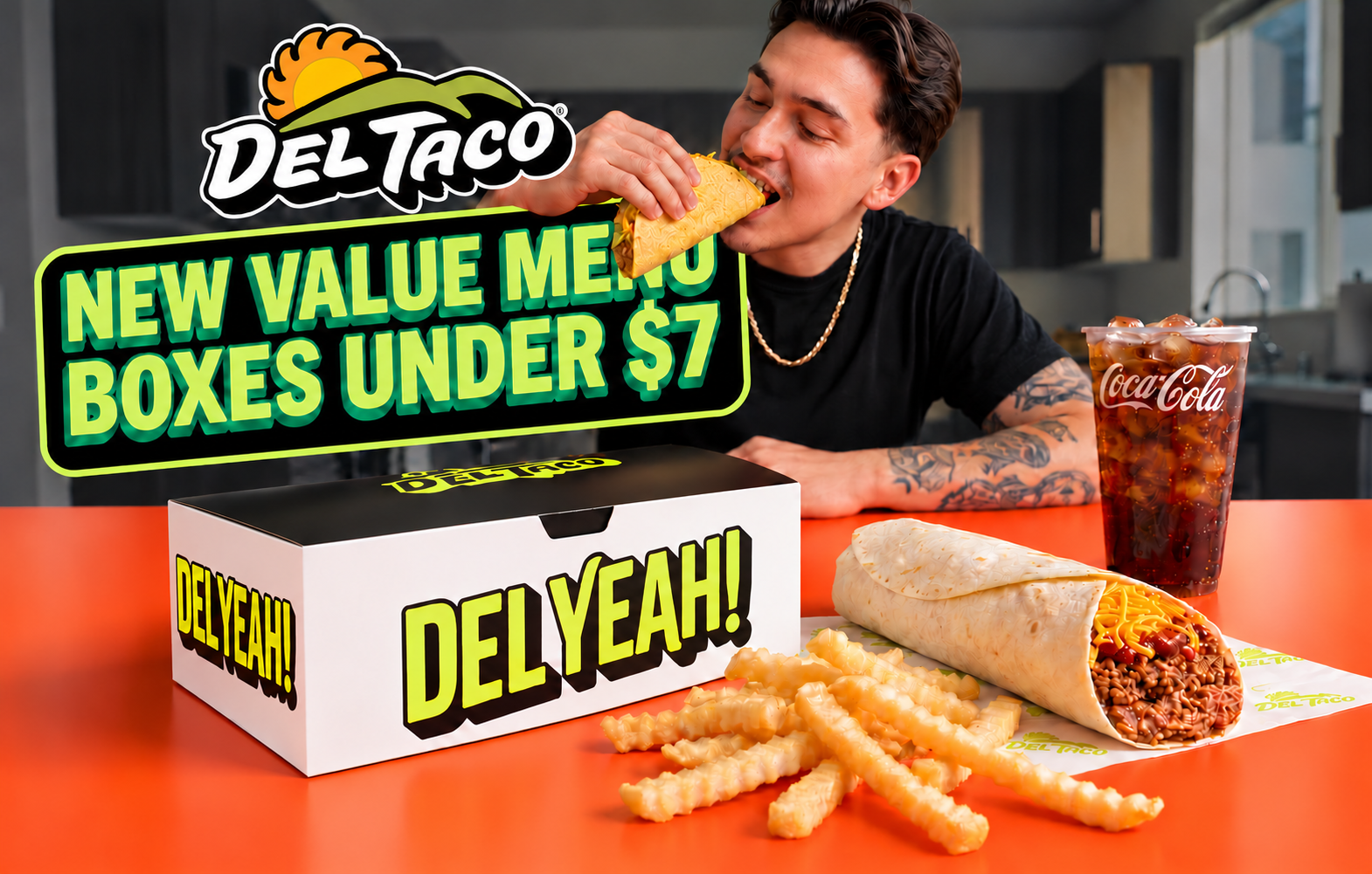 Del Taco promotional image featuring a man eating a taco, a Del Yeah food box, a burrito, crinkle-cut fries, and Coca-Cola drinks with text announcing new value menu boxes under $7.