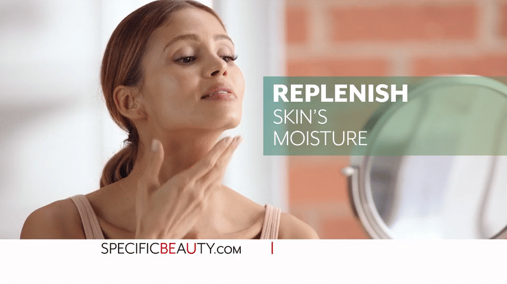 Woman touching her neck beside text reading “Replenish skin’s moisture” and Specific Beauty branding