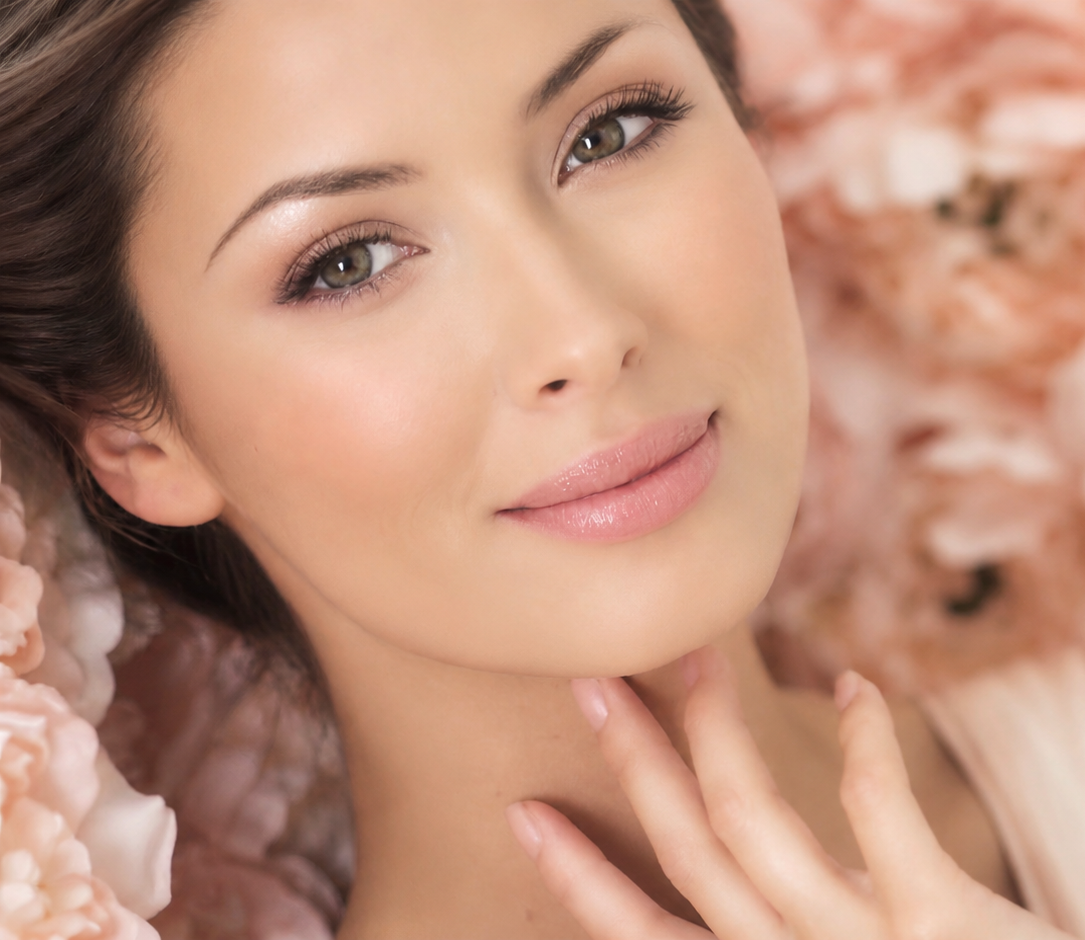 Close-up portrait of a woman with clear skin, brown eyes, and pink lips surrounded by soft pink flowers