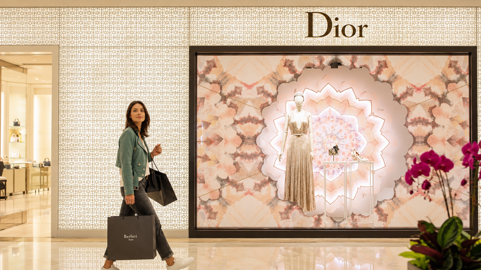 Woman carrying shopping bags walks past a Dior storefront display with a mannequin in a pleated dress and floral decor.
