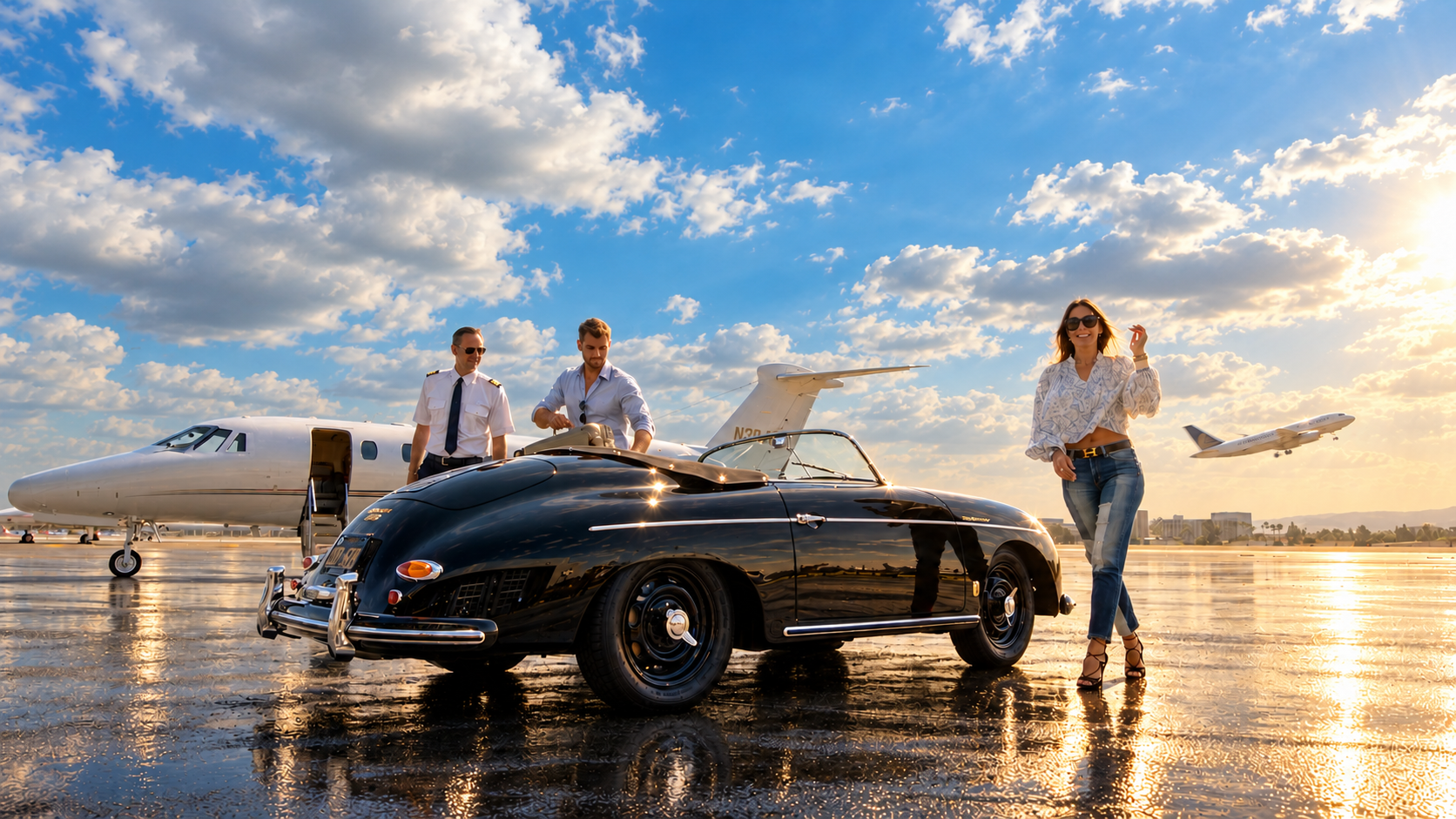 Classic black convertible parked on a sunlit airport runway with two pilots, a woman, and private jets in the background