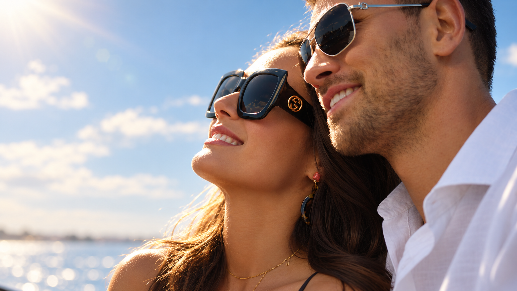 Smiling couple wearing sunglasses by the water at sunset