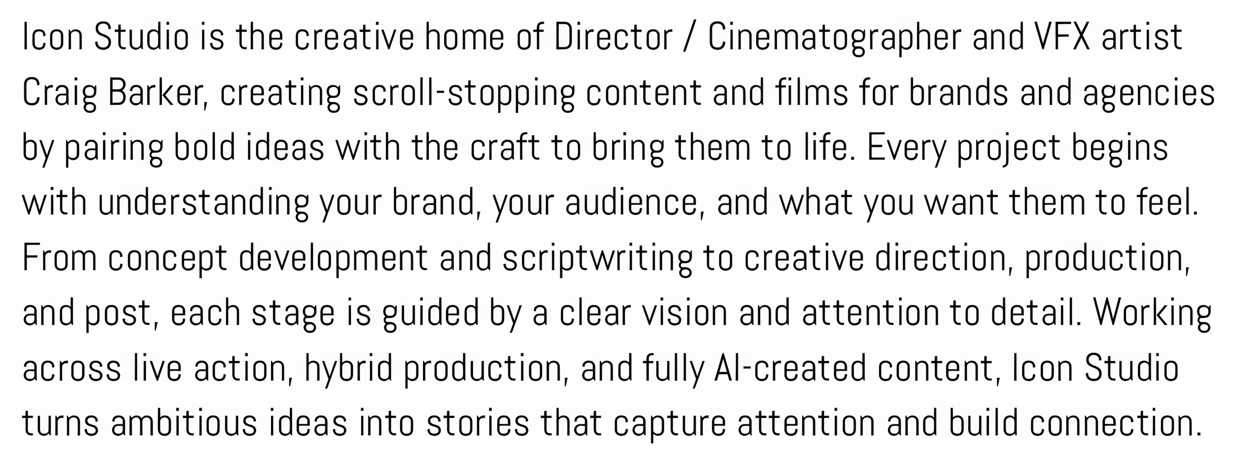 Text describing Icon Studio, Craig Barker’s creative production studio for branded films, VFX, live action, hybrid production, and AI-created content.