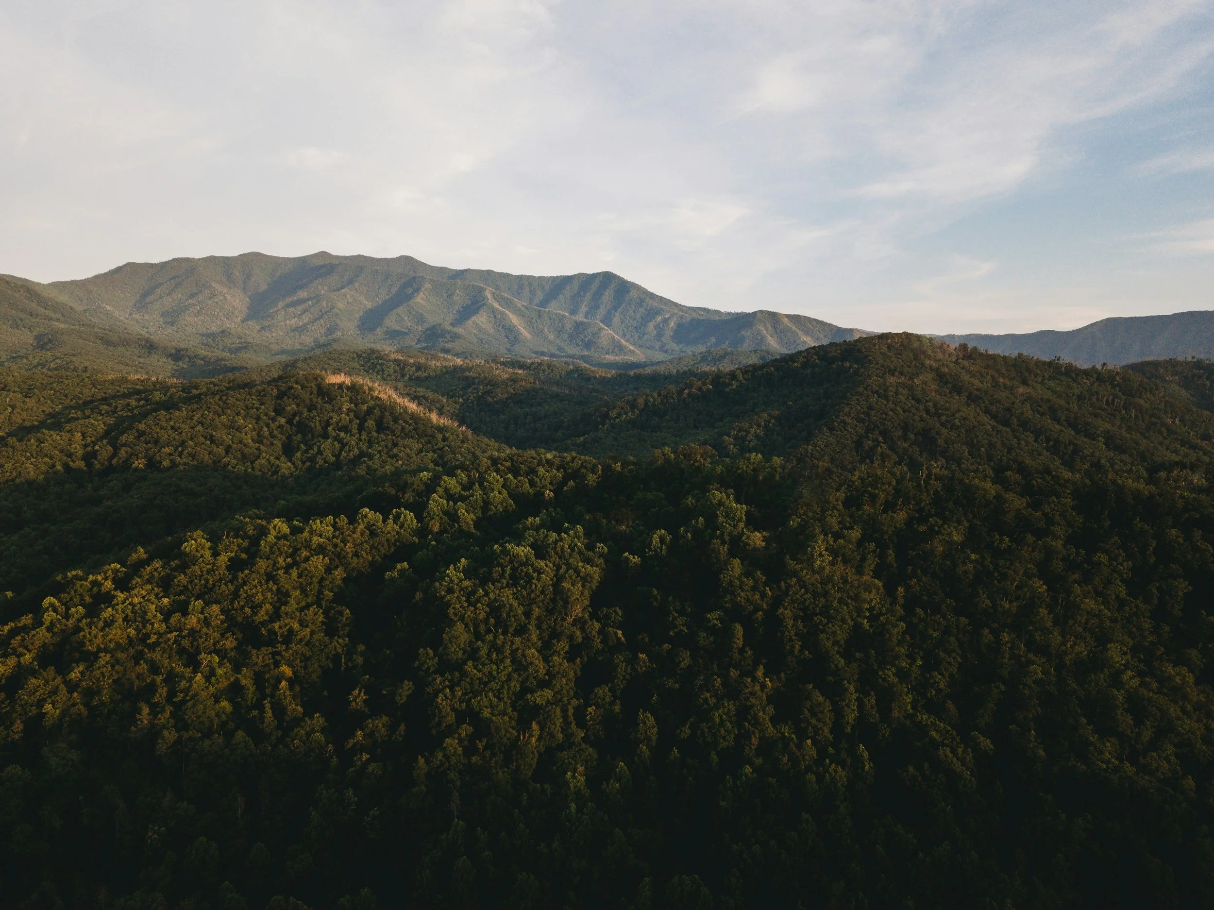 Aerial view of a densely forested mountain range beneath a partly cloudy sky