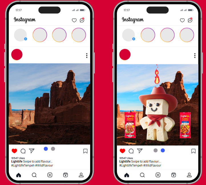 Side-by-side Instagram post mockup showing a desert rock landscape before and after adding a smiling Lightlife tempeh character in a cowboy hat, with product packages beside it.
