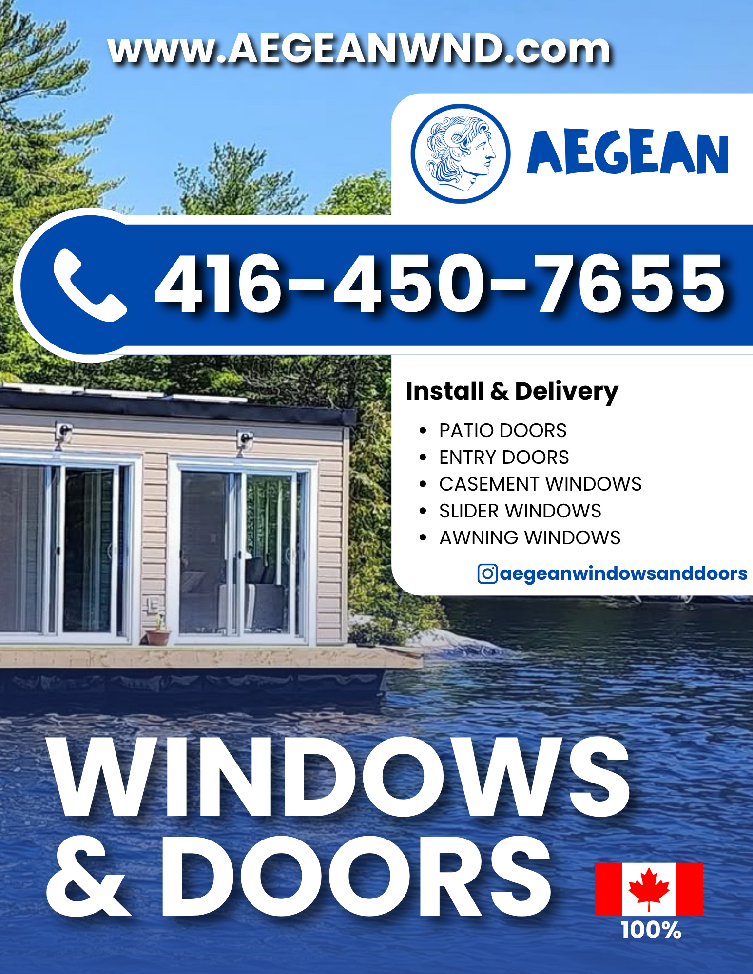 Aegean Windows & Doors advertisement featuring lakeside windows and patio doors, installation and delivery services, and phone number 416-450-7655
