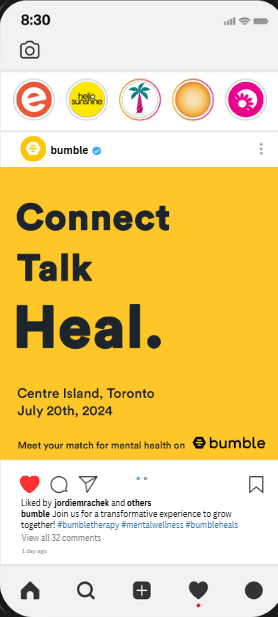 Instagram post from Bumble promoting a July 20, 2024 mental health event in Centre Island, Toronto, with the message “Connect. Talk. Heal.”