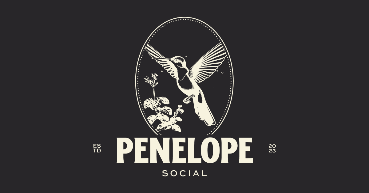 Penelope Social logo featuring a hummingbird and flowers in a vintage oval design, with “Established 2023” text.