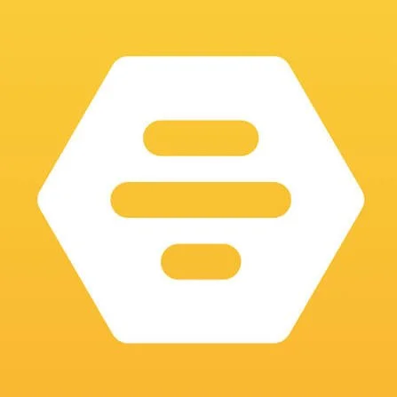 White hexagonal beehive icon with three horizontal yellow stripes on a yellow background