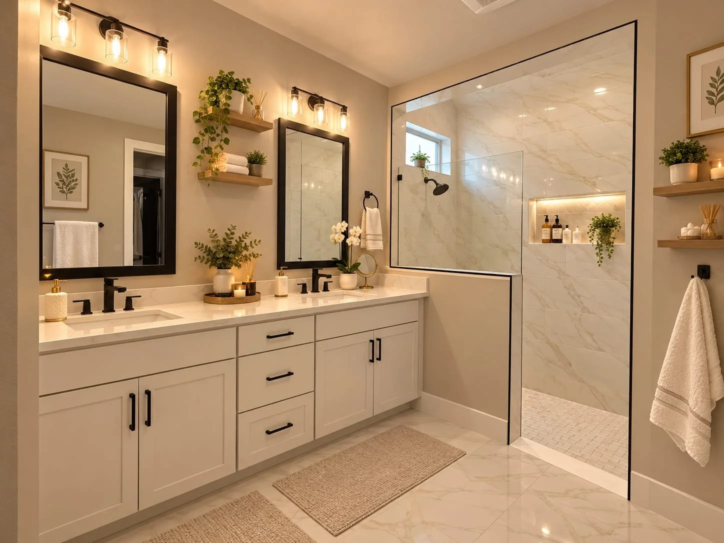 Modern beige bathroom with double vanity, black-framed mirrors, marble walk-in shower, floating shelves, plants, and warm lighting