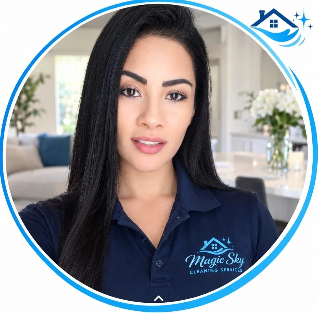 Woman in a navy Magic Sky Cleaning Services polo shirt, pictured inside a bright home