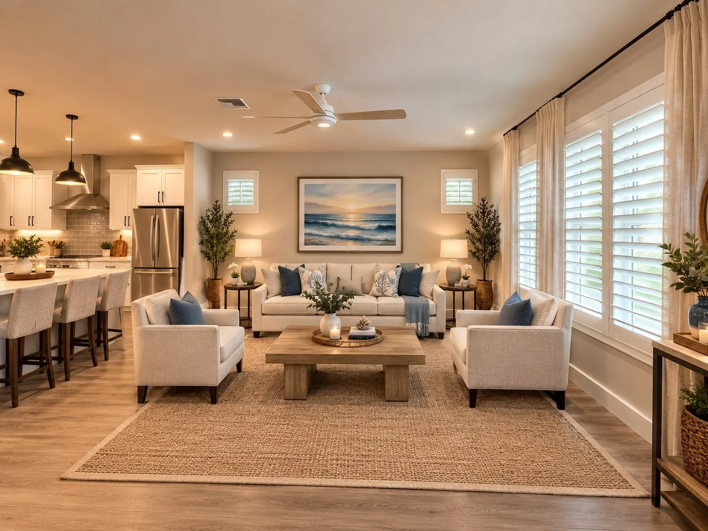 Bright open-concept living room and kitchen with white sofa, armchairs, wood coffee table, coastal artwork, ceiling fan, and large plantation-shuttered windows.