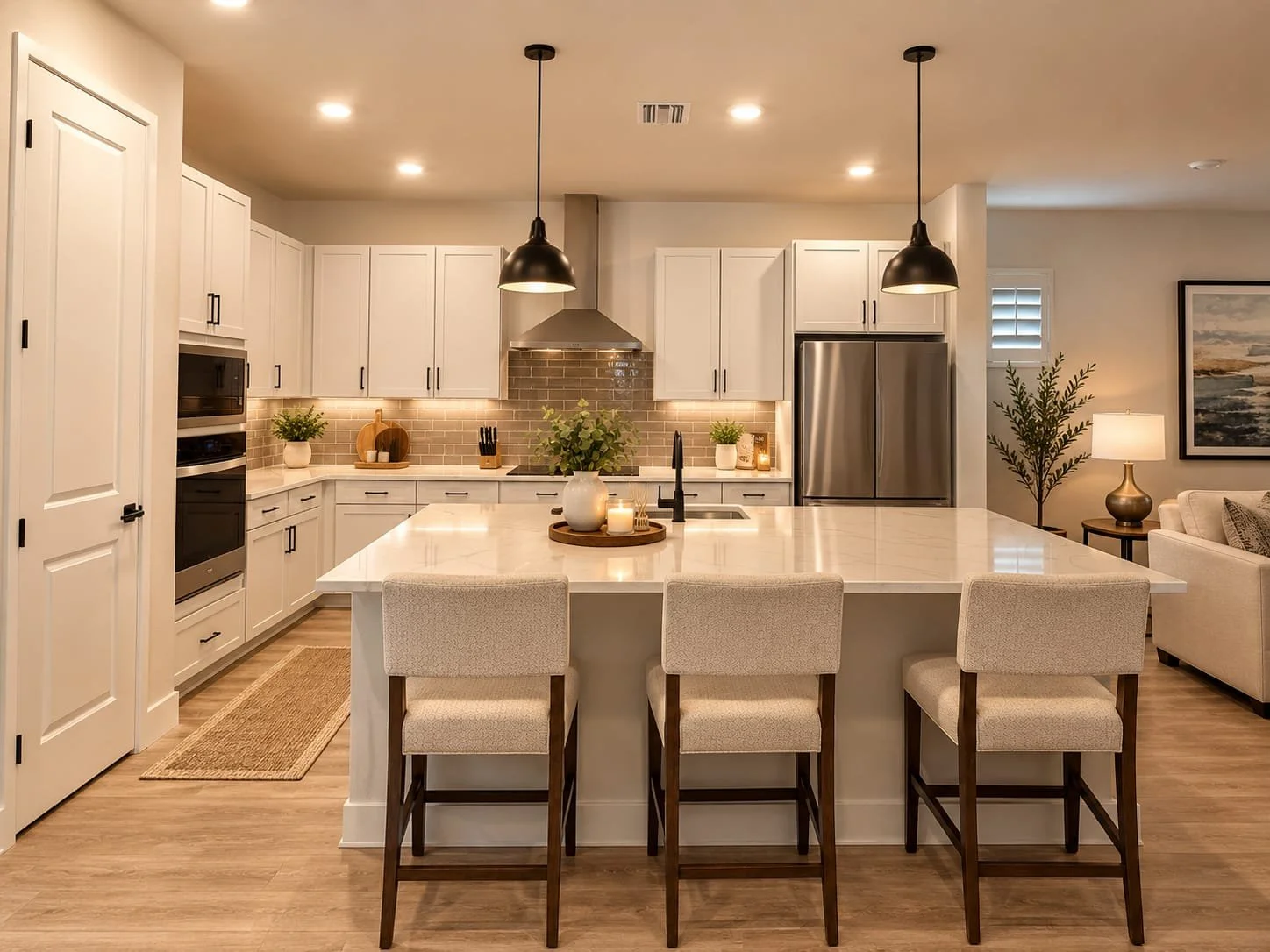 Modern white kitchen with large island, three barstools, stainless steel appliances, pendant lights, and adjoining living room