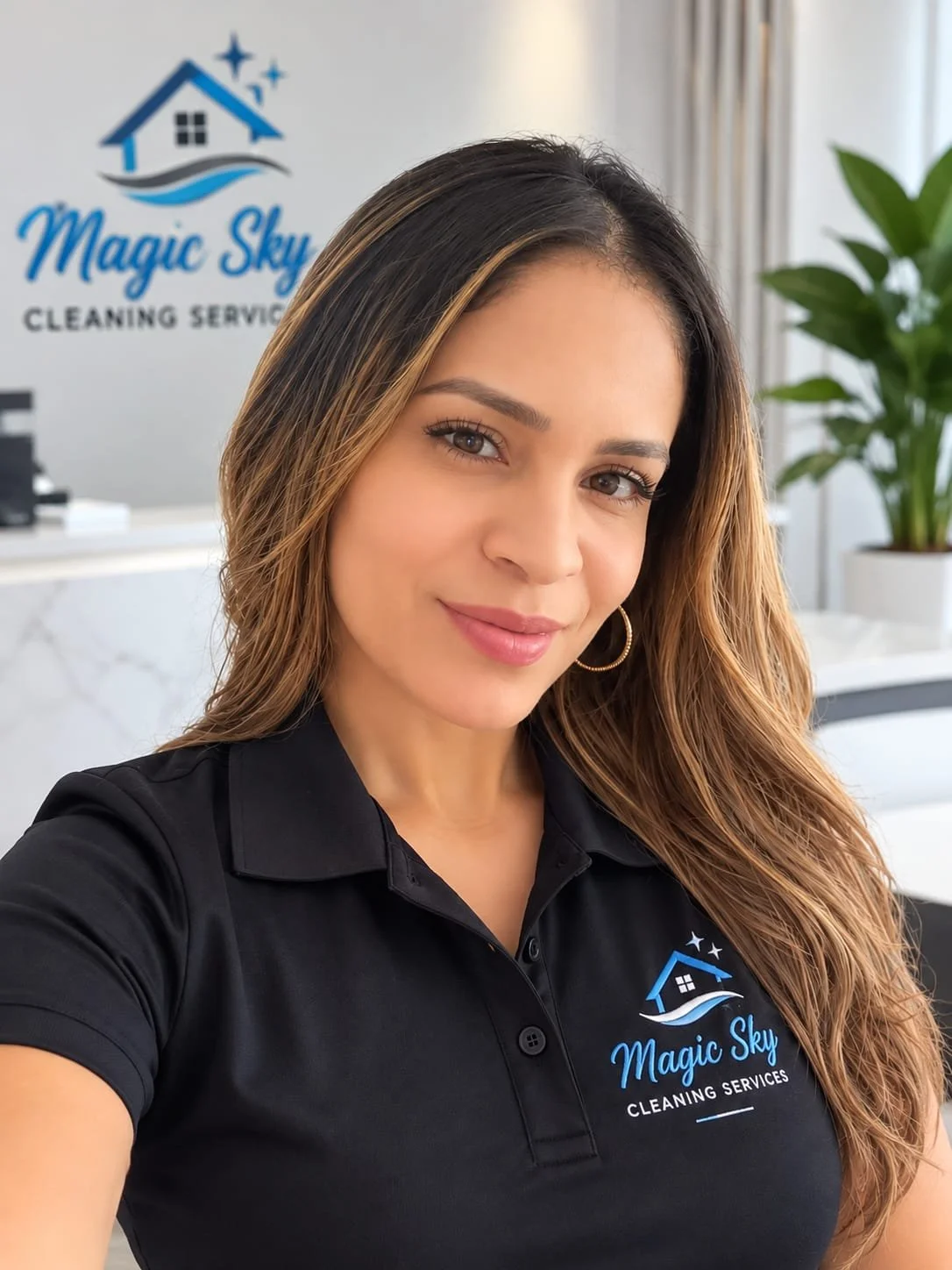 Woman wearing a branded Magic Sky Cleaning Services polo shirt posing indoors