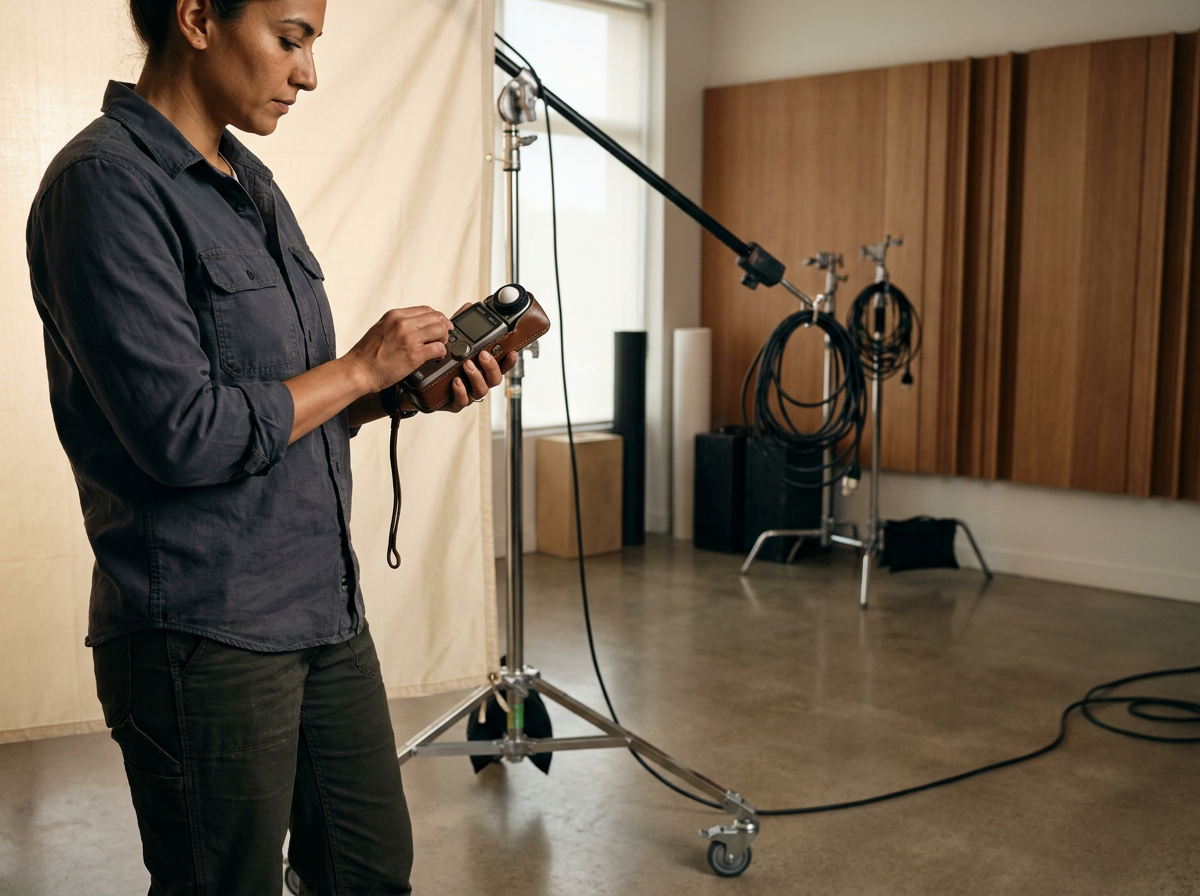 Sound technician using a handheld audio recorder in a professional recording studio