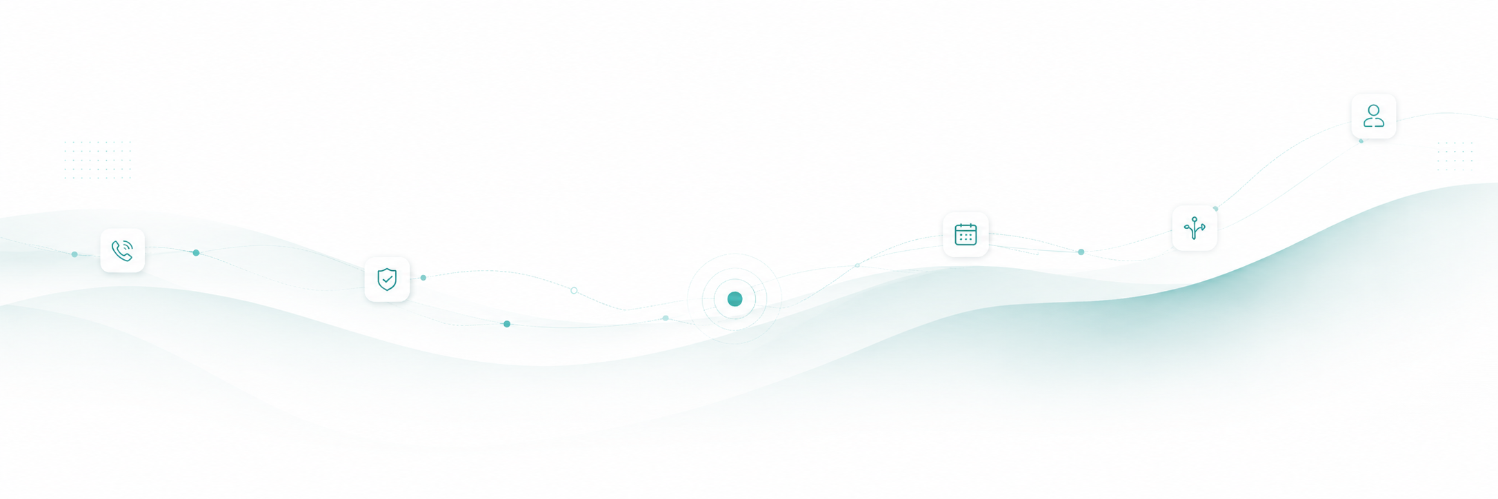 Abstract healthcare technology banner with phone, security shield, location, calendar, network, and user icons on flowing teal waves