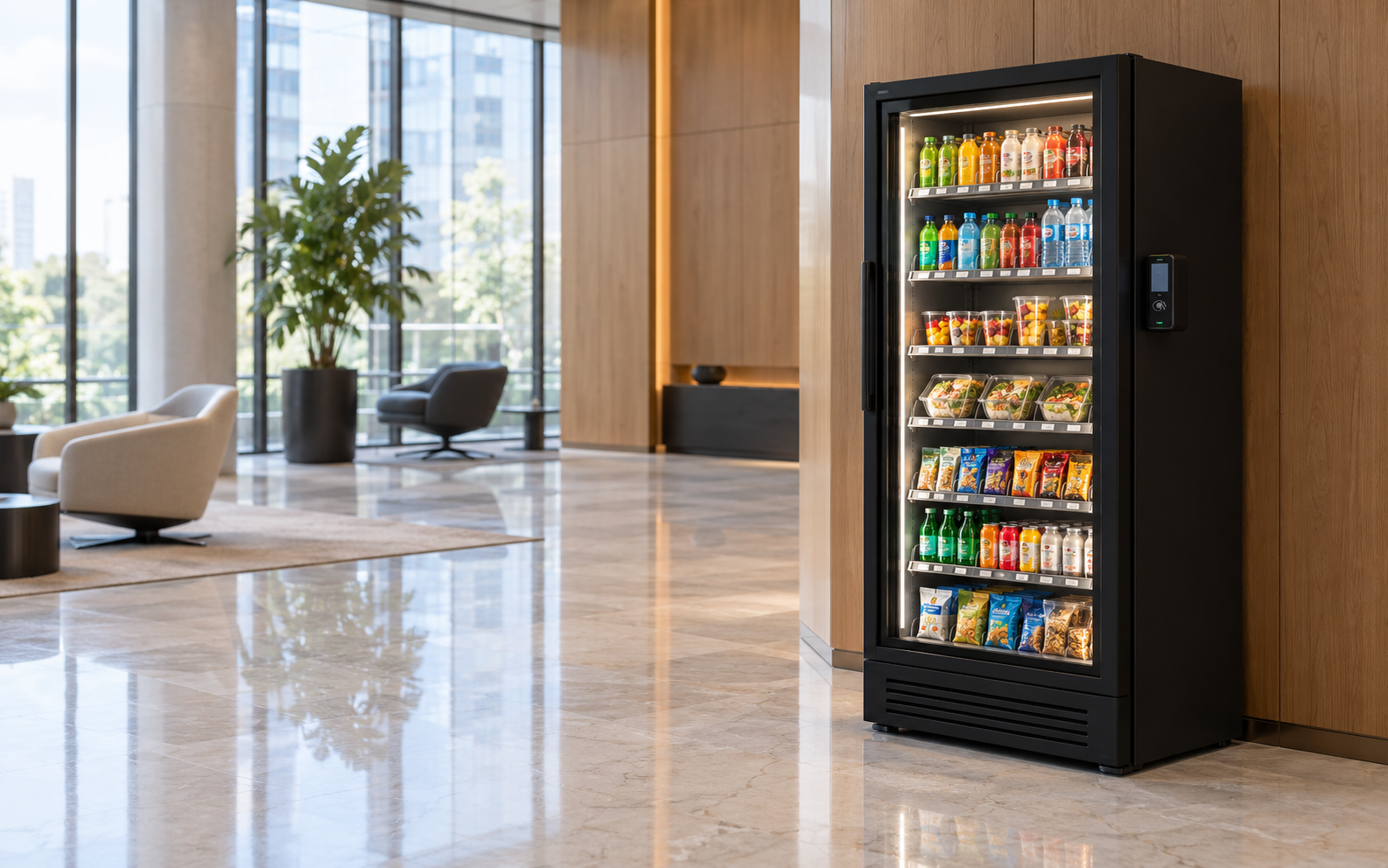 Beleuchteter schwarzer Kühlschrank mit Getränken, Snacks und Fertigsalaten in einer modernen Hotellobby