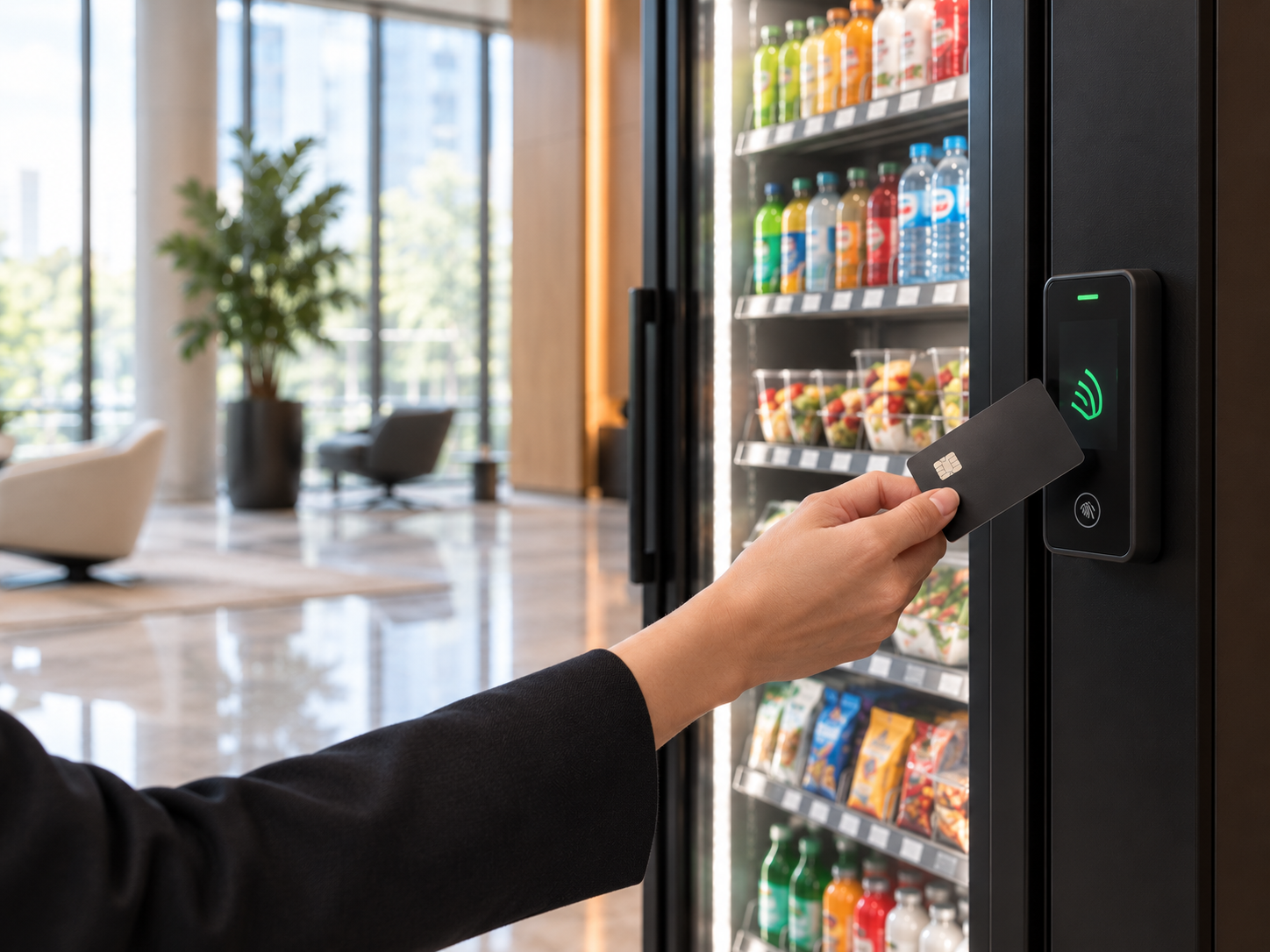 Hand hält eine kontaktlose Zahlungskarte vor das Lesegerät eines Verkaufsautomaten mit Getränken und Snacks.