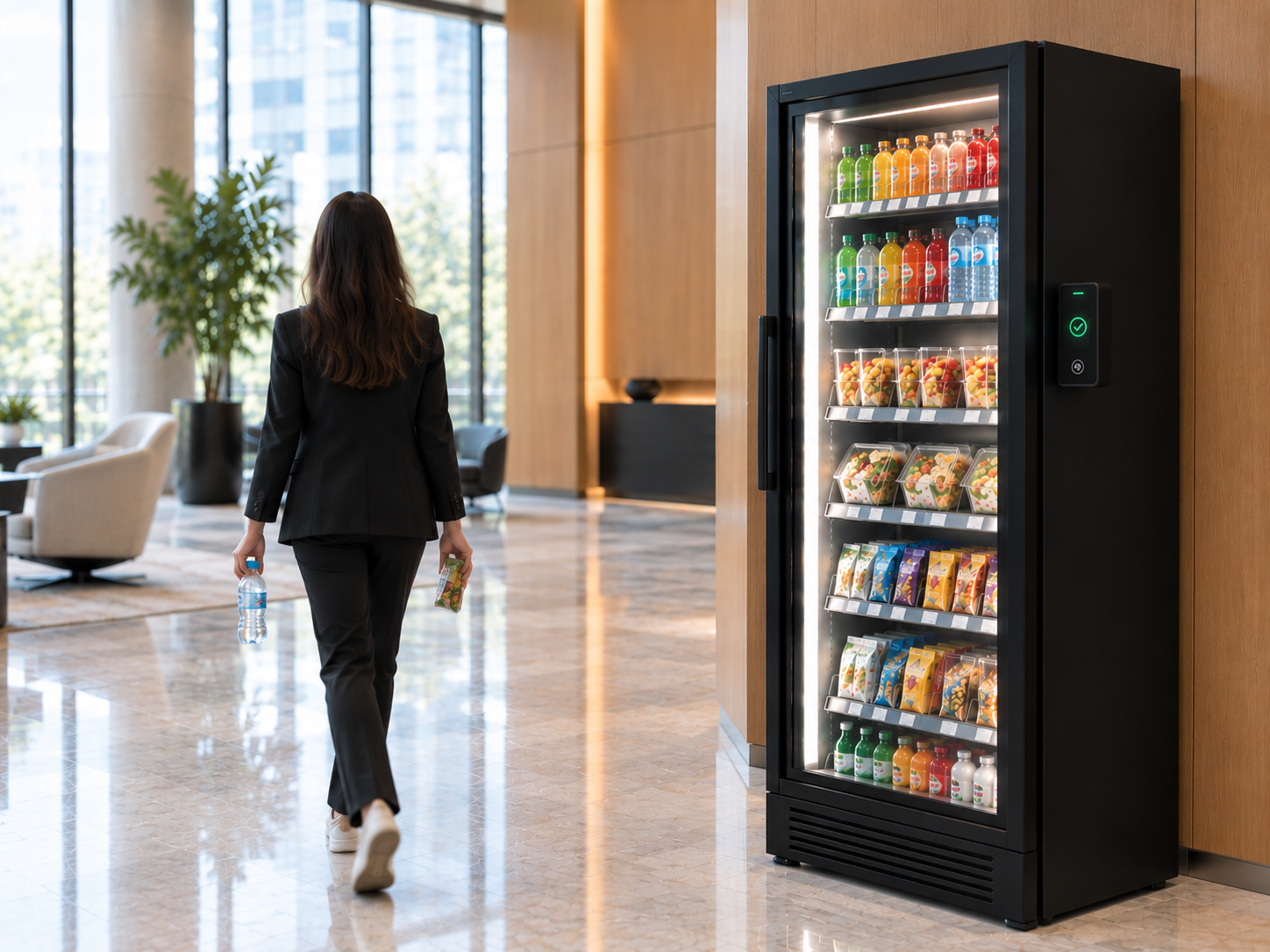 Frau im Businessanzug geht an einem gekühlten Verkaufsautomaten mit Getränken, Obstsalaten und Snacks in einer modernen Hotellobby vorbei.