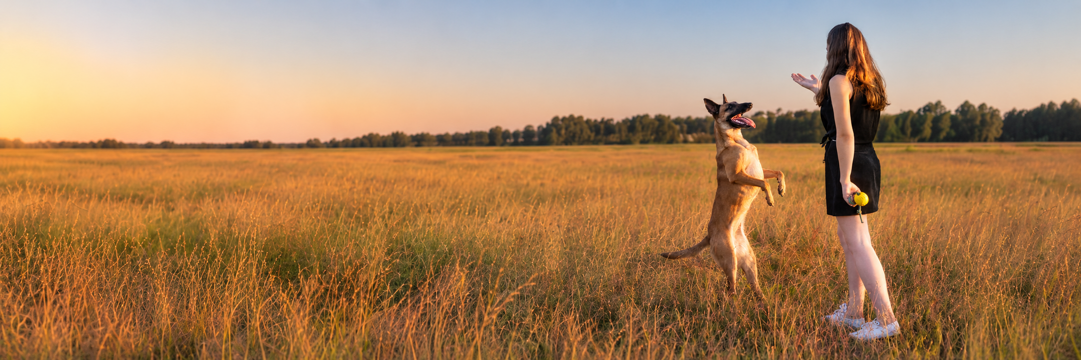 Hundetrainerin Vivienne von ViBaDog trainiert mit einem Malinois auf einer Wiese bei Sonnenuntergang – individuelles Hundetraining für Alltag und Hundesport.