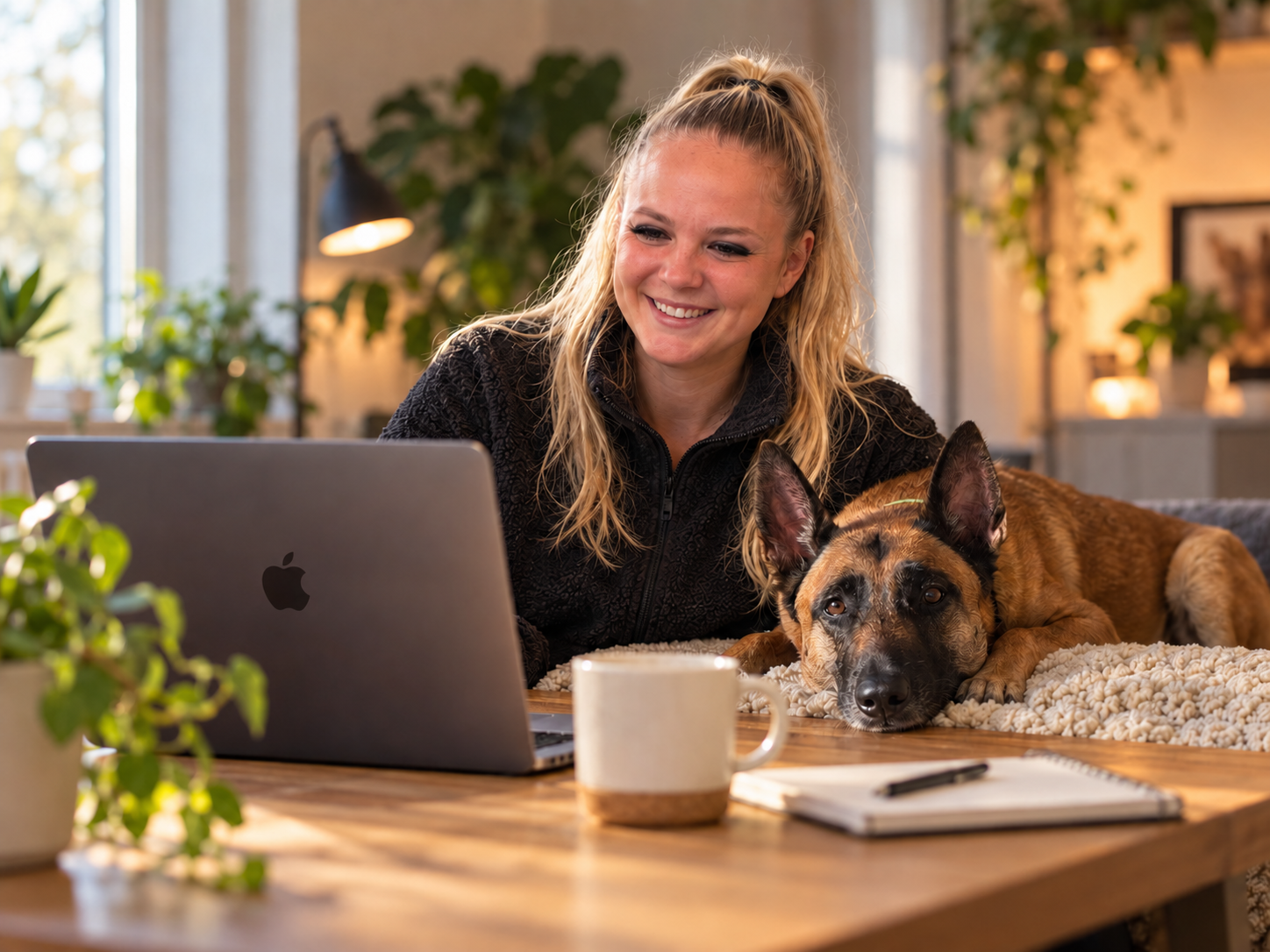 Hundetrainerin Vivienne von ViBaDog mit ihrem Malinois am Laptop – individuelle Online-Hundetrainingsberatung und persönliches 1:1 Coaching.