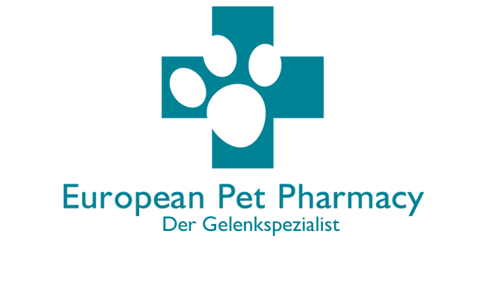 Logo der Europäischen Tierapotheke mit einem Hundepfoten-Abdruck in einer blauen medizinischen Kreuzmontage und dem Text "European Pet Pharmacy Der Gelenkspezialist" darunter.