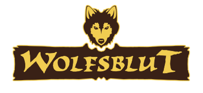 Logo mit Wolfskopf über dem Schriftzug 'WOLFSBLUT' auf braunem Hintergrund