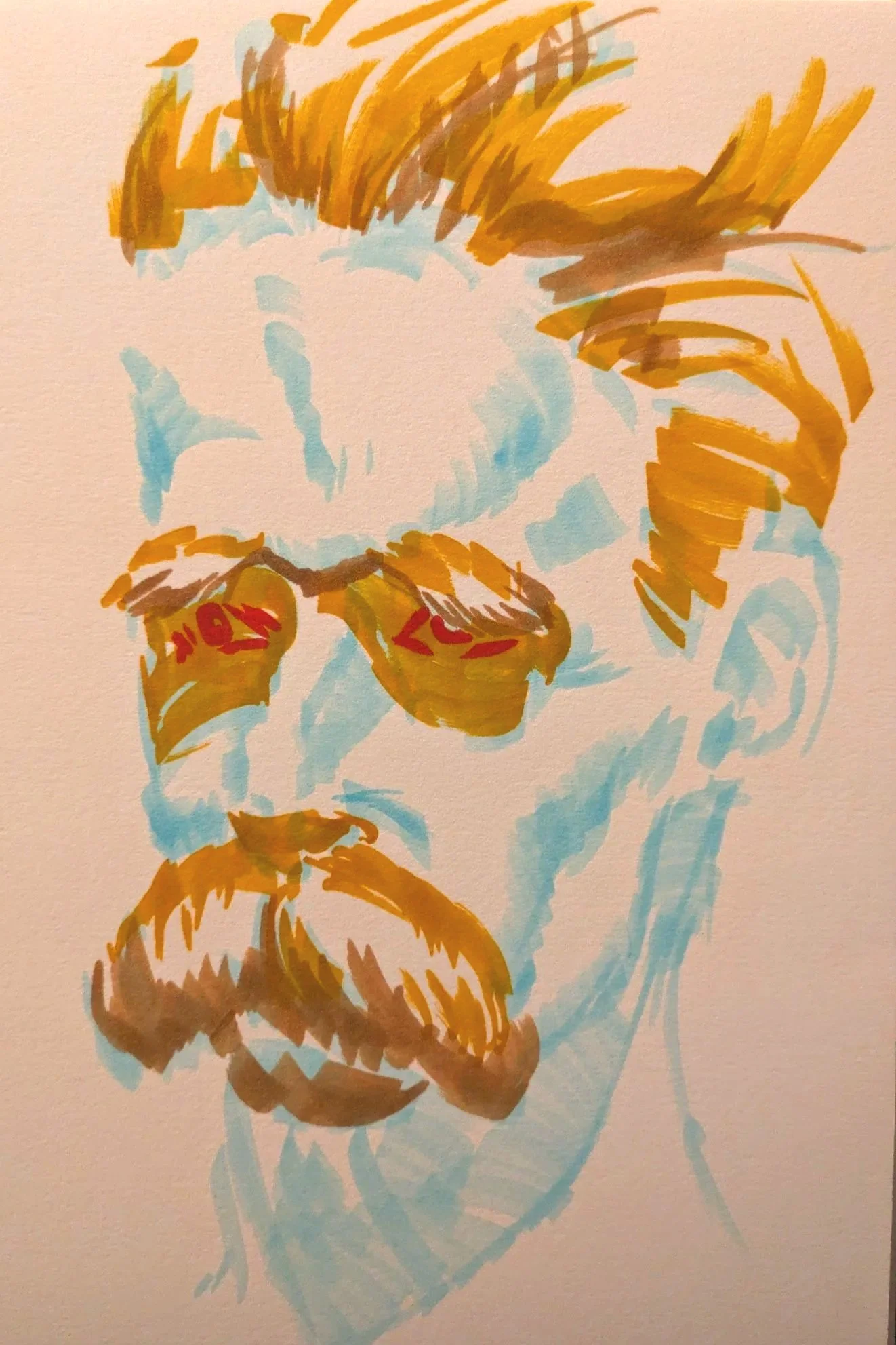 Abstrakte expressionistische Zeichnung eines menschlichen Gesichts in Blau, Orange, Braun und Rot.