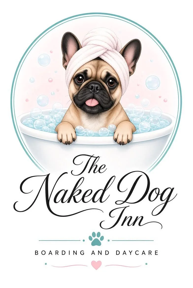Logo featuring a pug in a bubble bath wearing a towel, with text reading “The Naked Dog Inn” and “Boarding and Daycare.”
