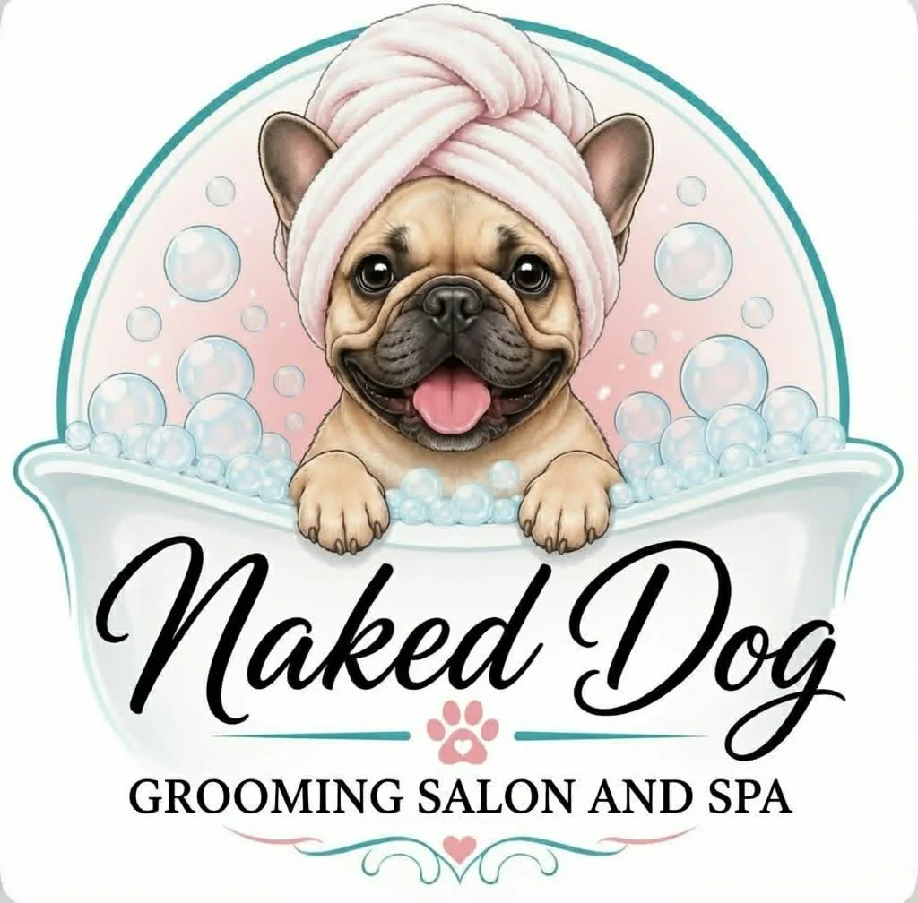 Illustrated pug wearing a pink towel turban in a bubble-filled grooming tub, with text reading “Naked Dog Grooming Salon and Spa.”