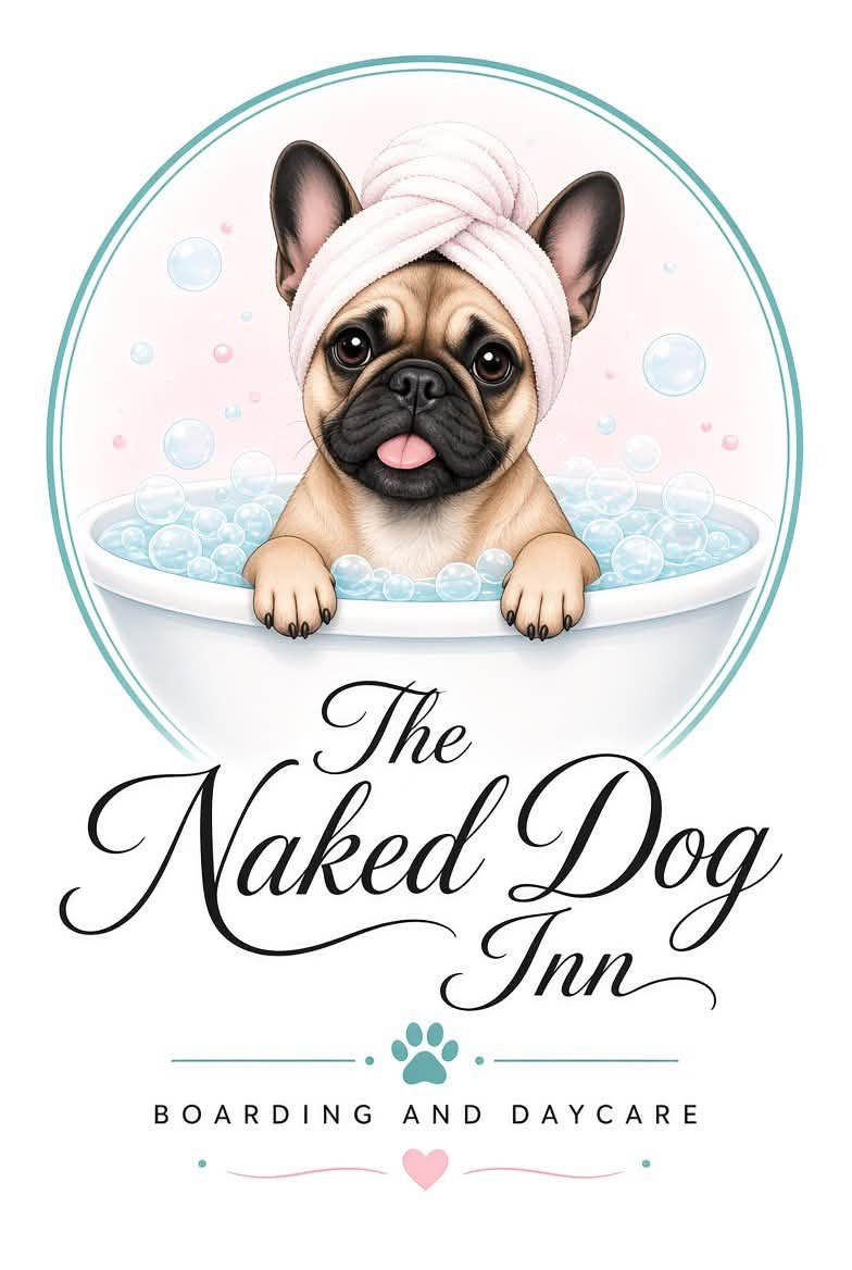 Logo featuring a pug wearing a towel in a bubble bath, with text reading “The Naked Dog Inn” and “Boarding and Daycare.”