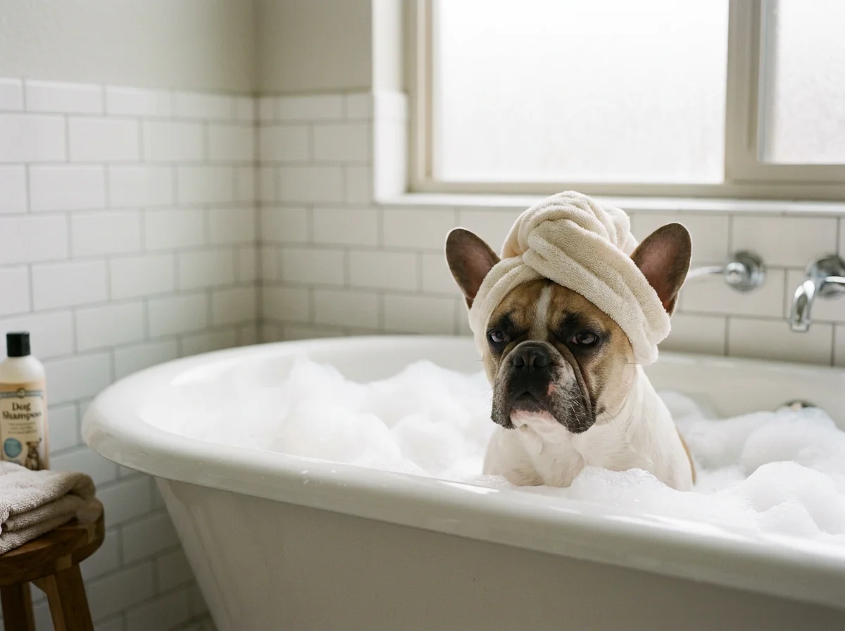French bulldog wearing a towel turban in a bubble-filled bathtub