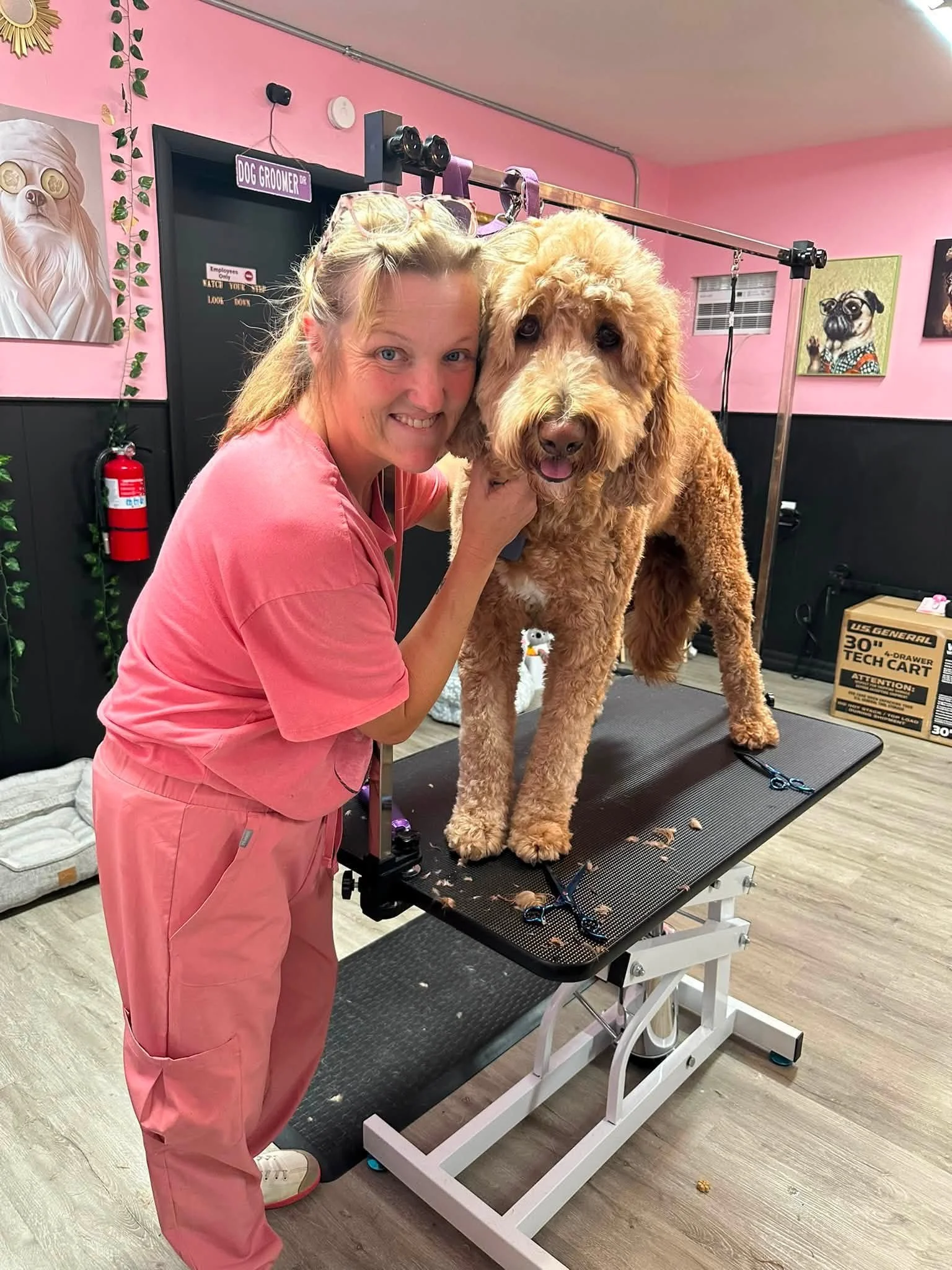Dog groomer posing with a large curly-haired brown dog on a grooming table in a pink dog salon