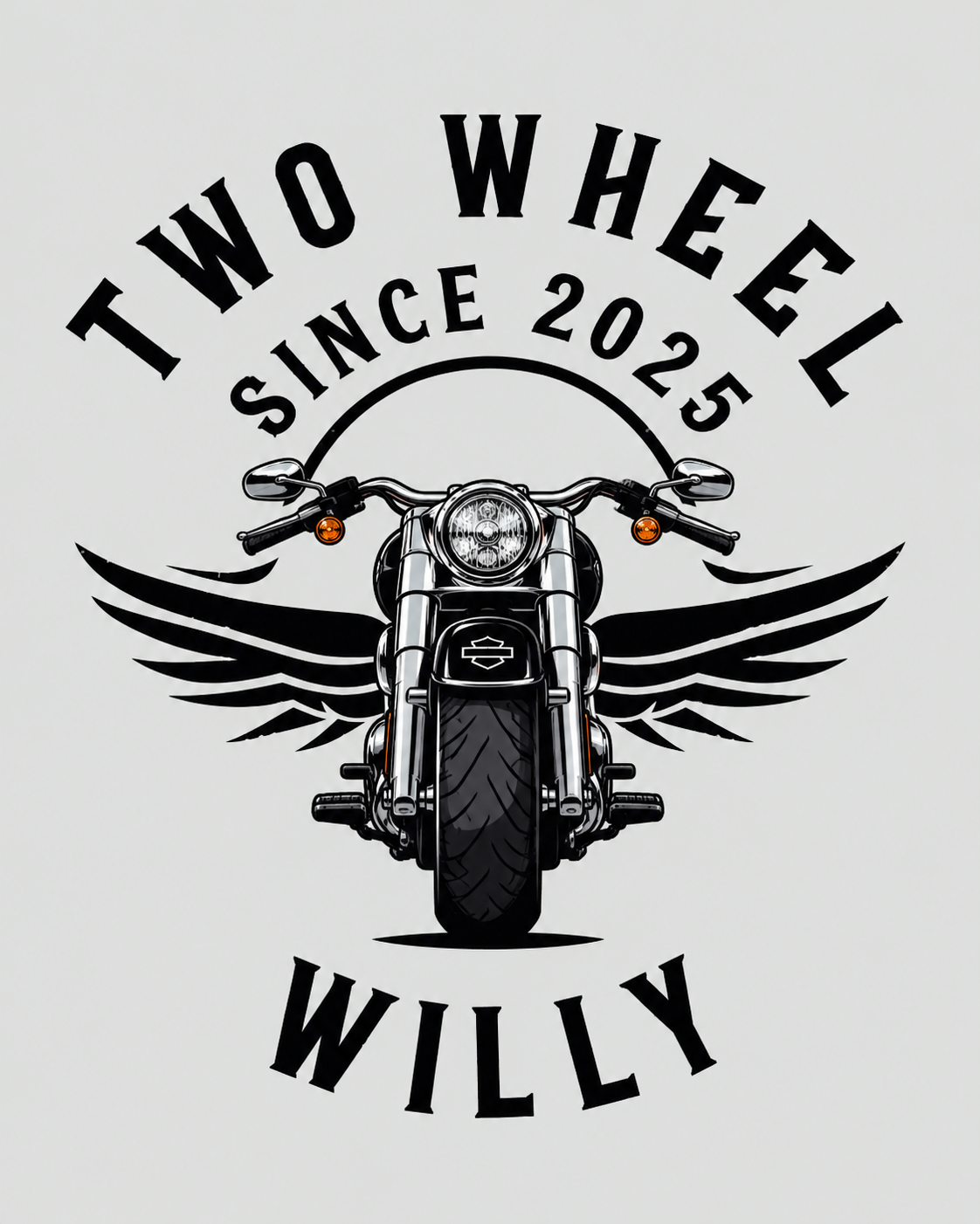 Vintage motorcycle graphic with black wings and the text “Two Wheel Willy” and “Since 2025.”
